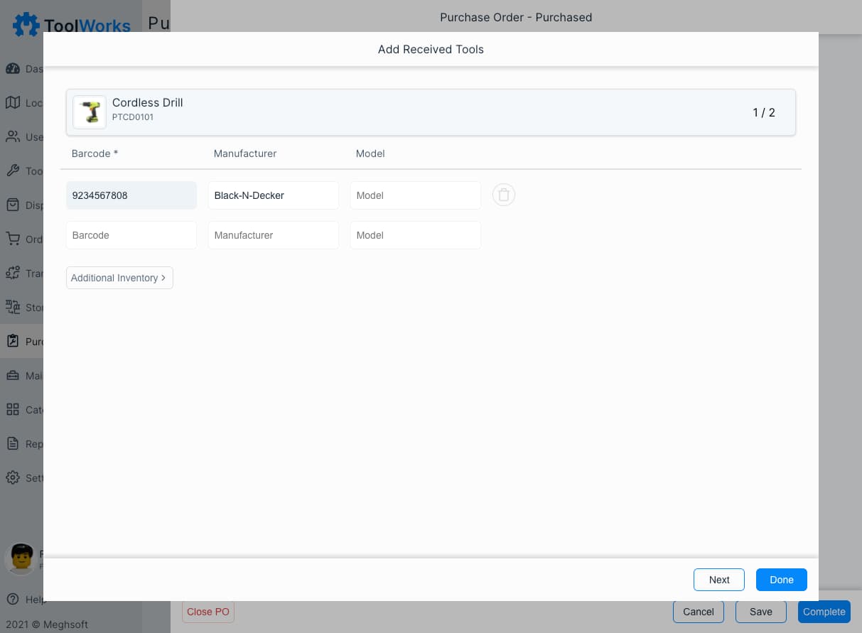 Image of purchase order with Items being received