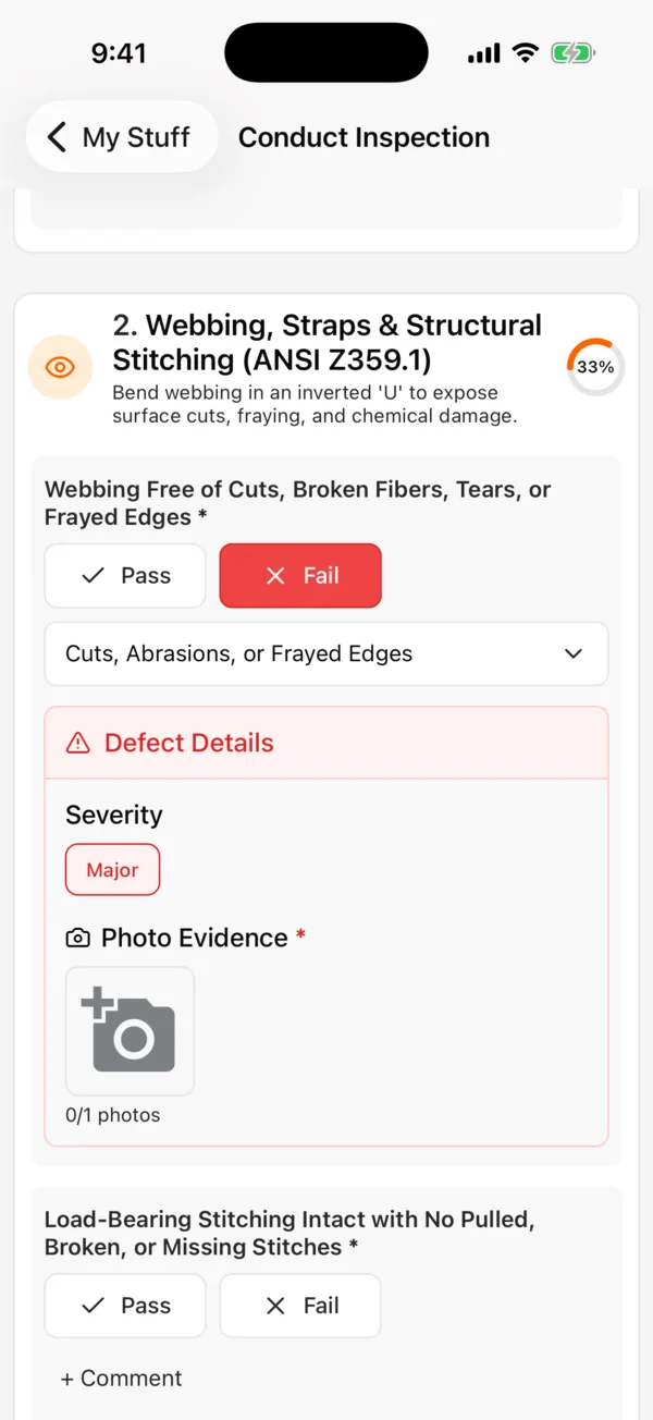 Mobile inspection with a failed webbing item and defect details