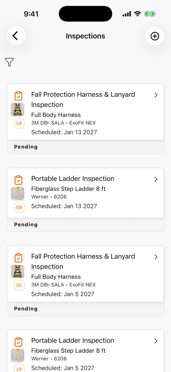 Mobile list of scheduled inspections