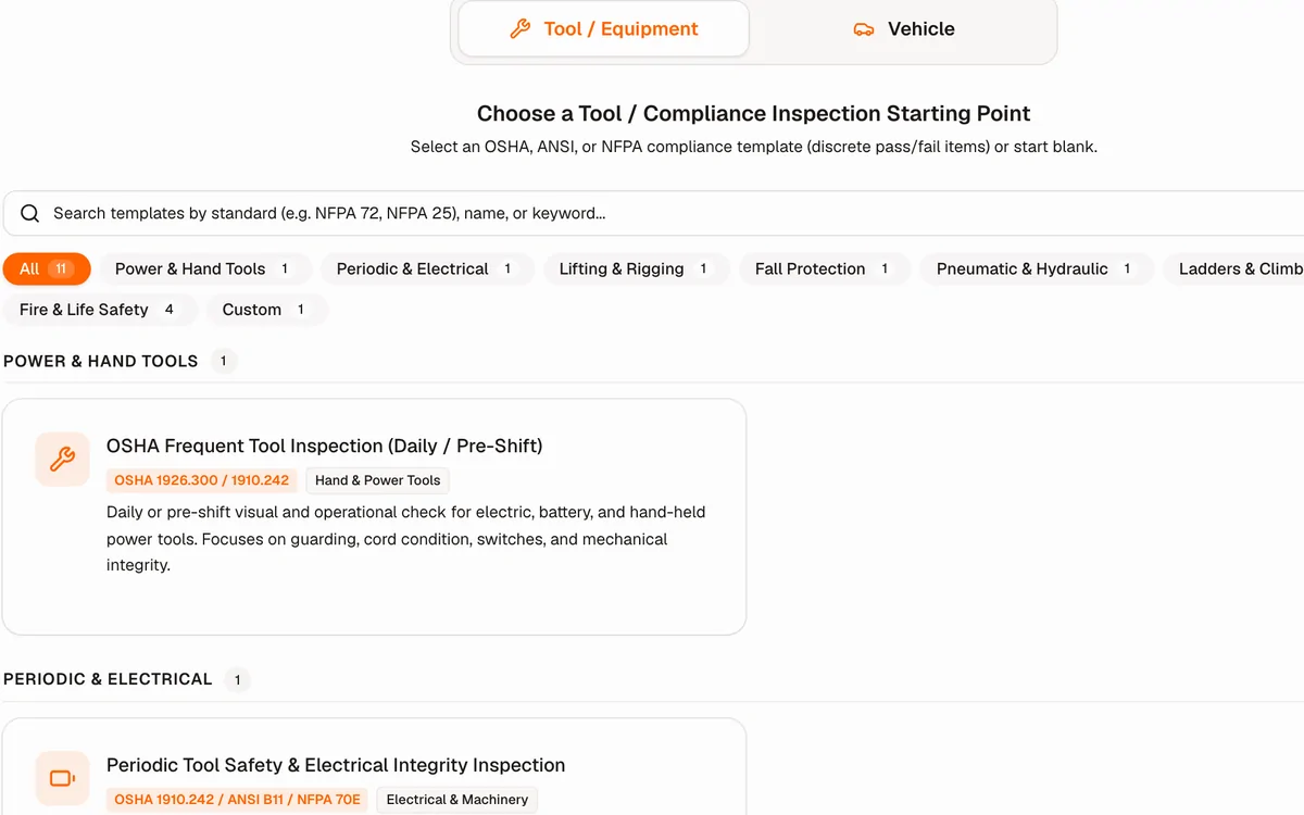 Checklist template picker with OSHA, ANSI and NFPA-based presets