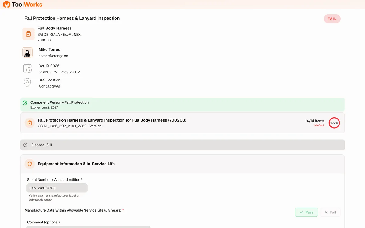 Shareable inspection record showing a failed harness inspection