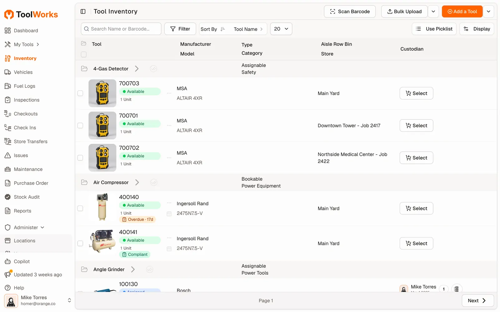 Tool inventory with availability, location and custodian for each tool